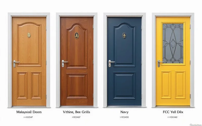 Different Malaysian door types, timber, metal grille, aluminium, lined up for comparison