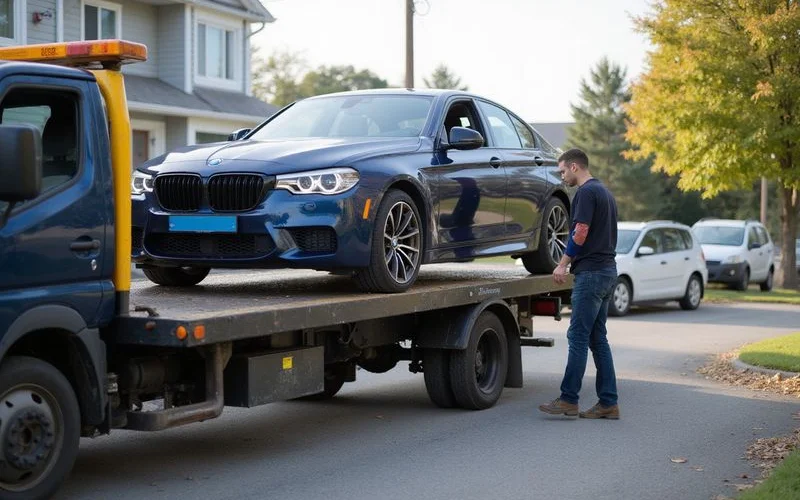 A flatbed tow truck loading a car versus a locksmith arriving on-site