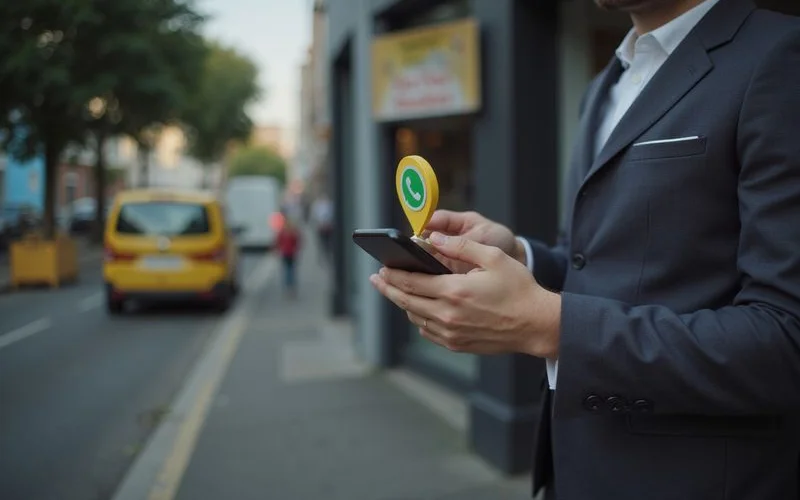 Hand sending a WhatsApp location pin to dispatch a locksmith