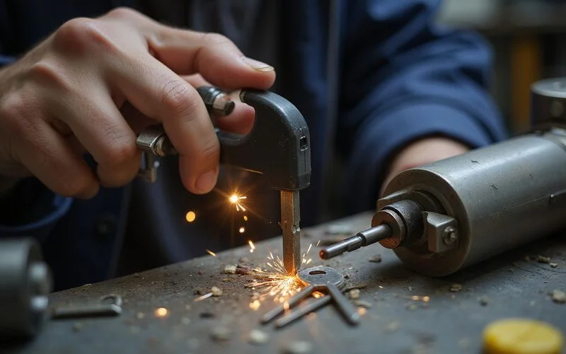 Locksmith cutting a car key on a precision key machine