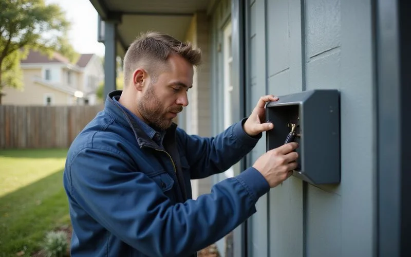 Locksmith inspecting an autogate receiver box at a landed home