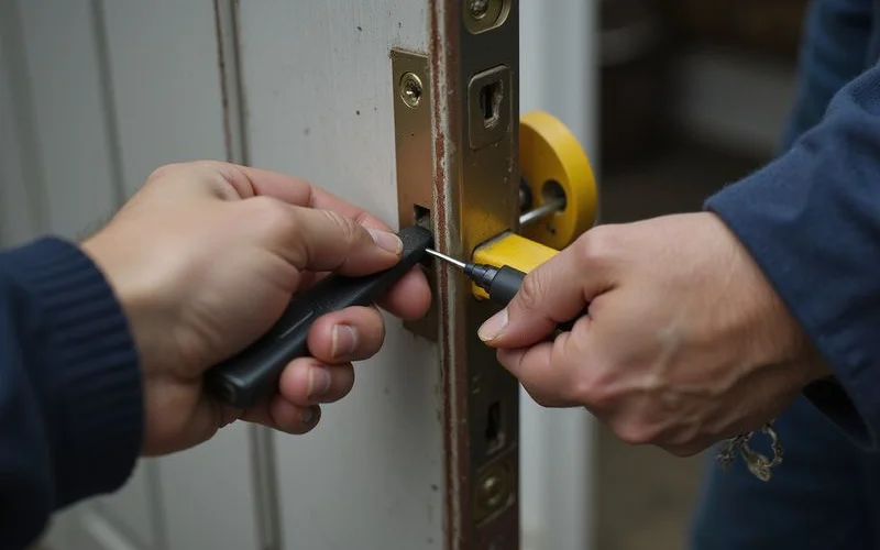Locksmith non-destructively opening a residential door lock