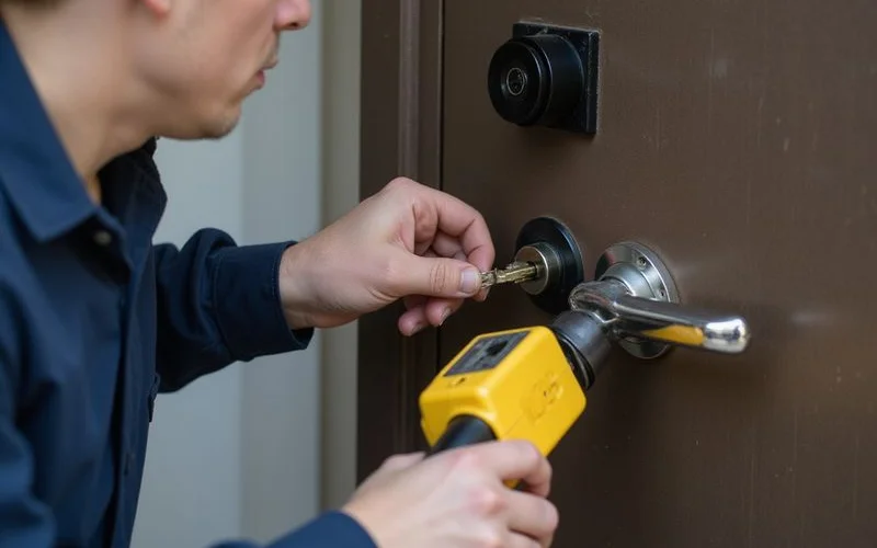 Locksmith opening a dead-battery smart lock non-destructively