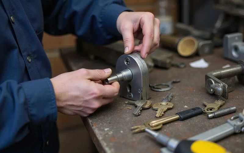 Locksmith pinning a master-keyed cylinder at the workbench