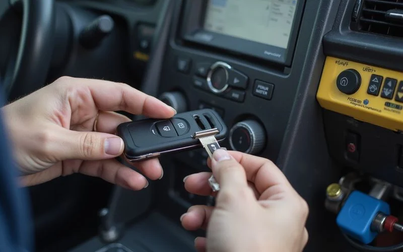 Locksmith re-syncing a car remote with a programming tool
