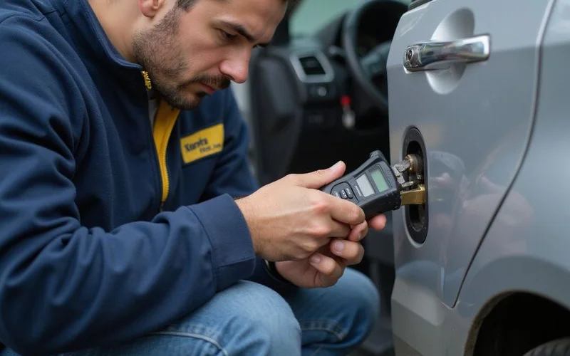 Locksmith reading a key cut from the door lock with a decoder