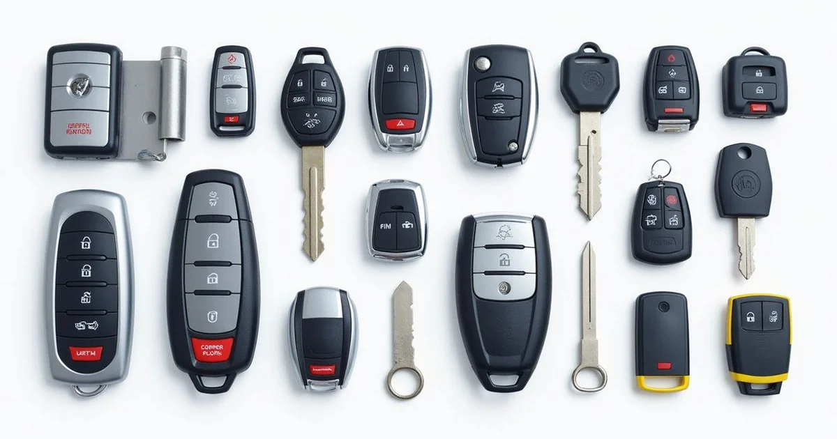 Assorted car keys and fobs laid out by type — standard, remote, transponder, smart fob