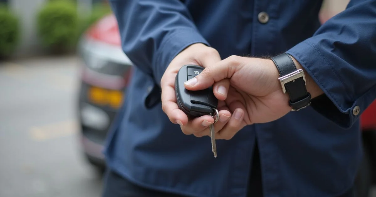 Modern car keyless fob held in front of a car