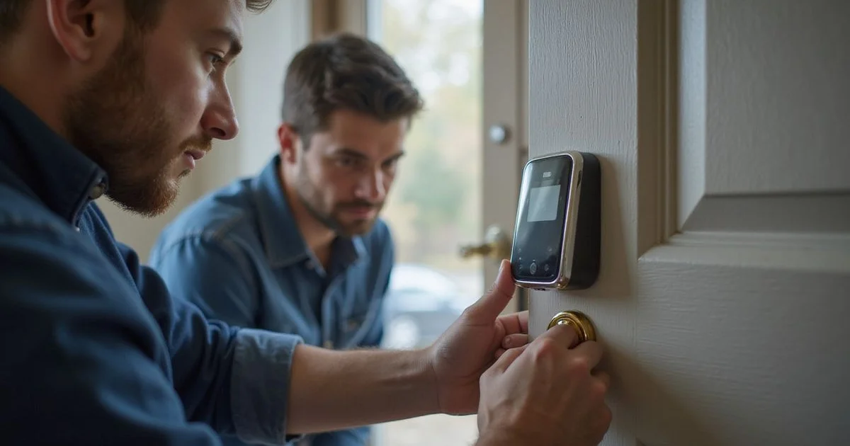 Locksmith installing a digital smart lock on a home door