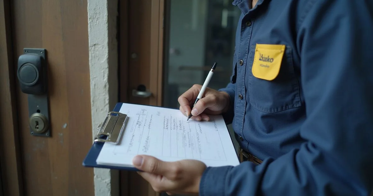 Locksmith writing a clear, itemised quote on a clipboard before any work begins