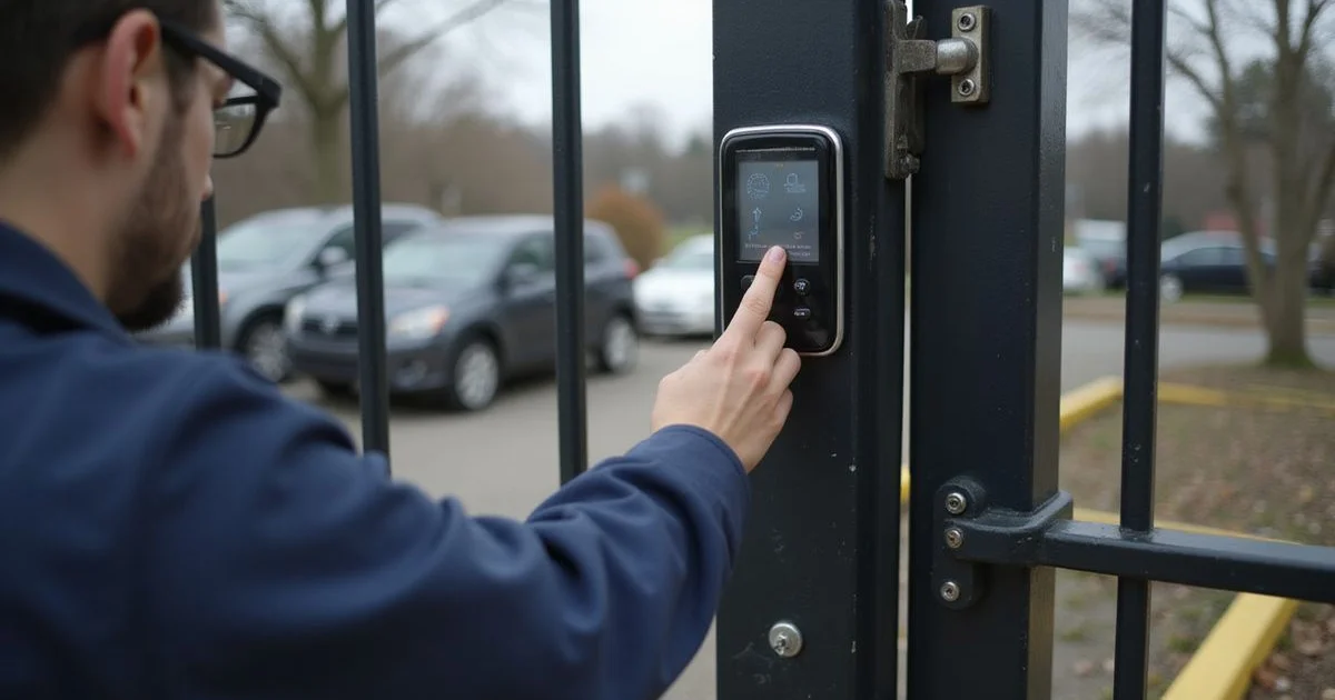 Person pressing an autogate remote at a gate that won't respond