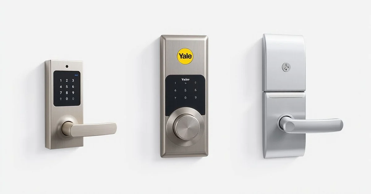 Yale, Samsung and Philips smart locks displayed side by side for comparison